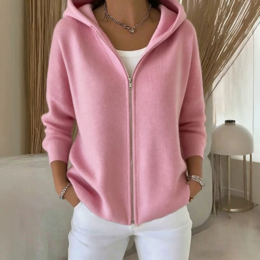Zip-Up Knitted Hooded Cardigan Coat – Women’s Sweater