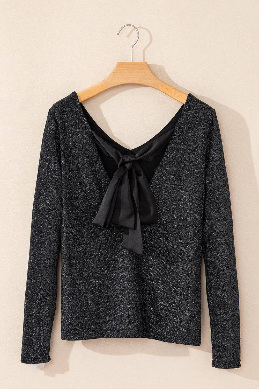 Metallic Satin Bow Open Back V-Neck Top