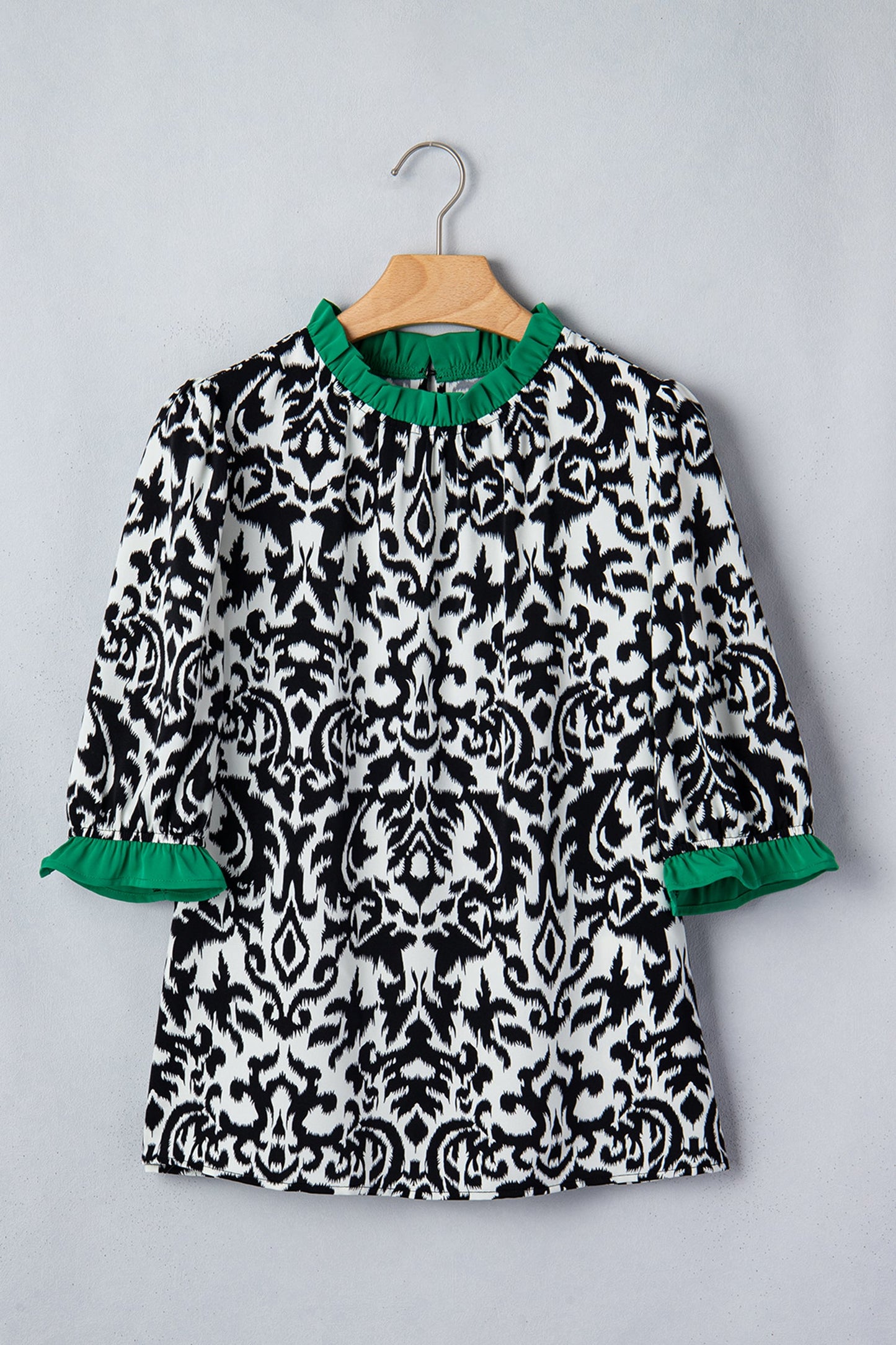 Abstract Damask Colorblock Ruffle 3/4 Sleeve Blouse