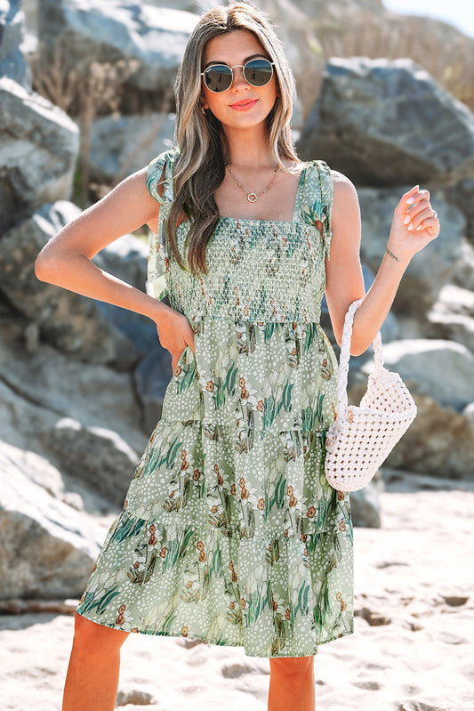 Floral Tie Straps Smocked Ruffle Tiered Dress