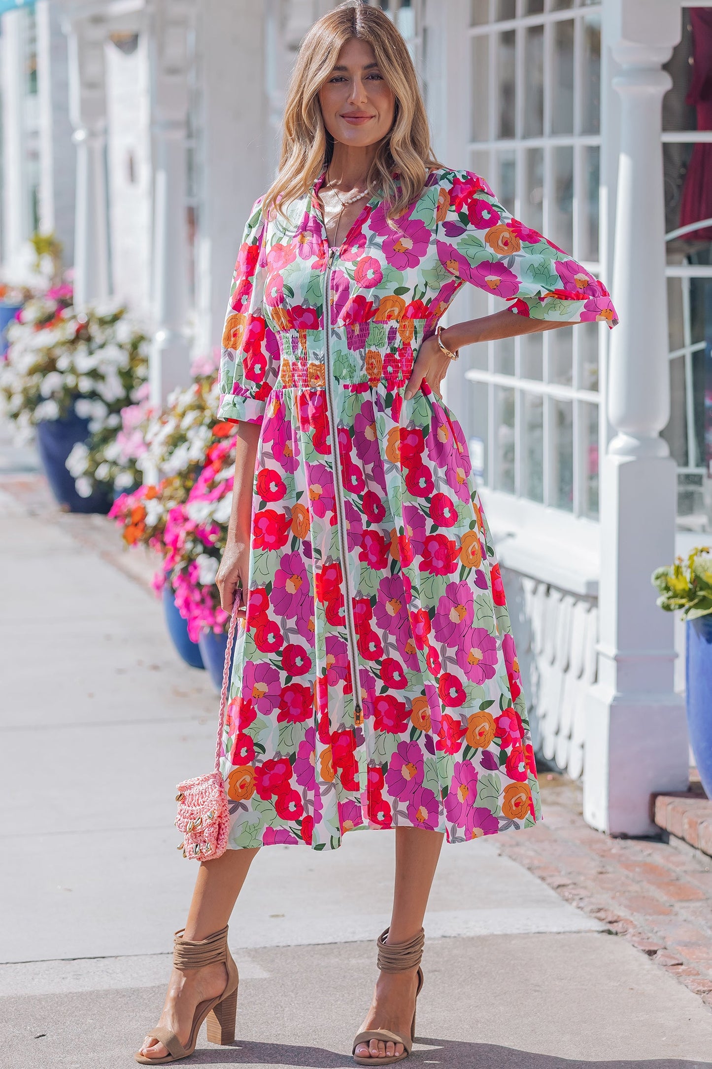 Floral Zip-Up V-Neck Short Puff Sleeve Dress