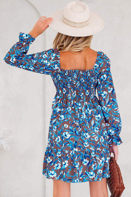 Floral Smocked Bodice Ruffle Sleeve Dress