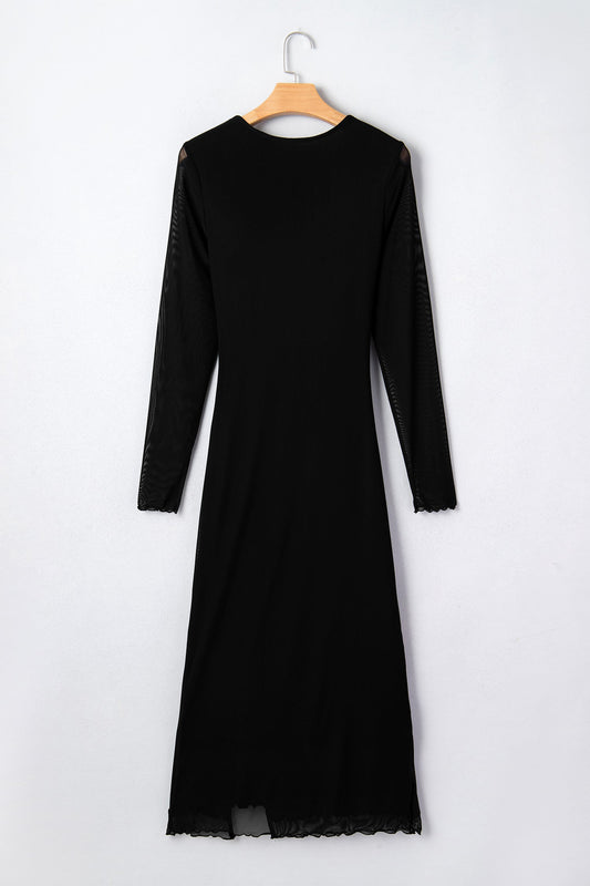Solid Mesh Knotted Waist Side Slit Midi Dress