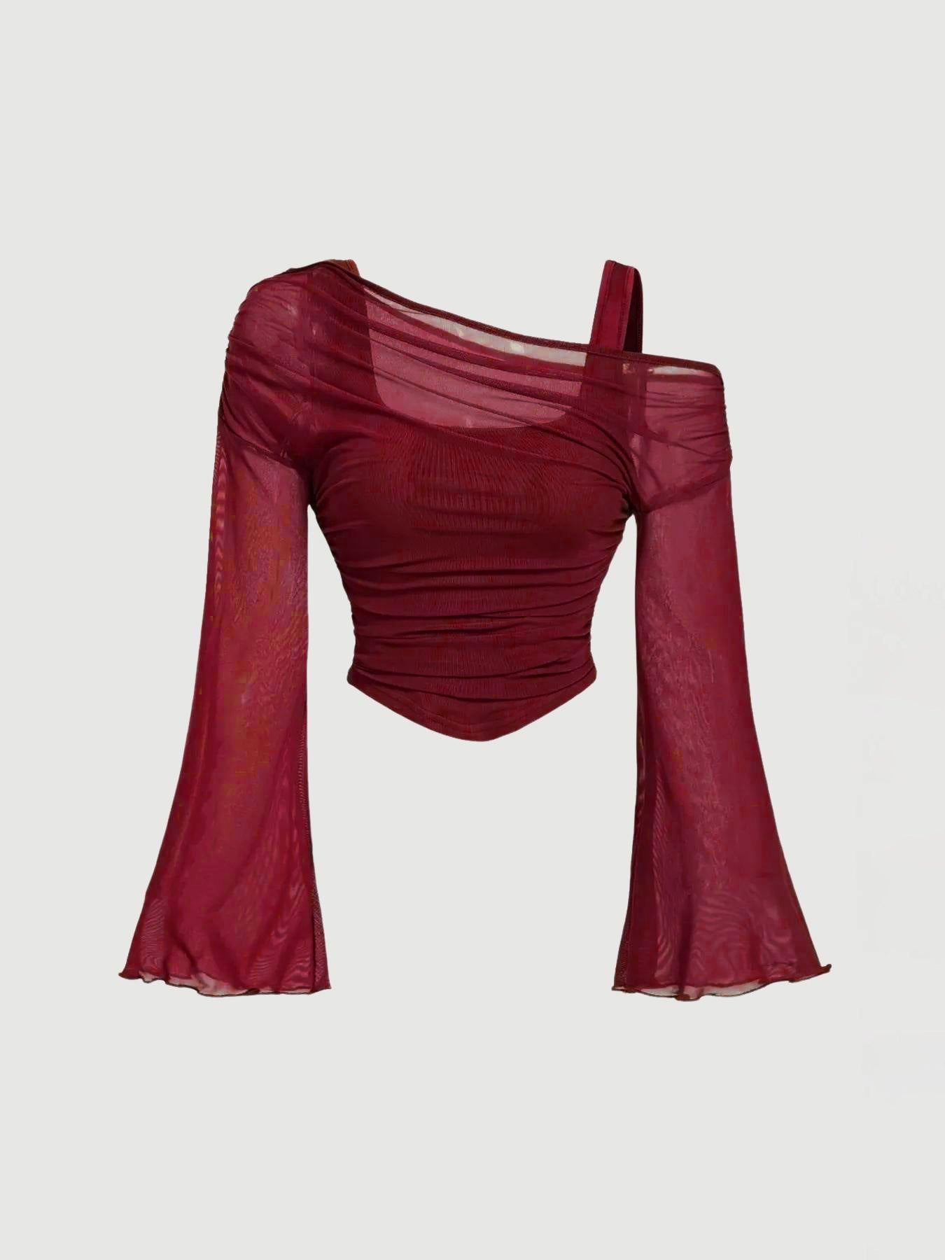 Women's Mesh Neck Pleated Long-Sleeve Top – Slim Fit Knit