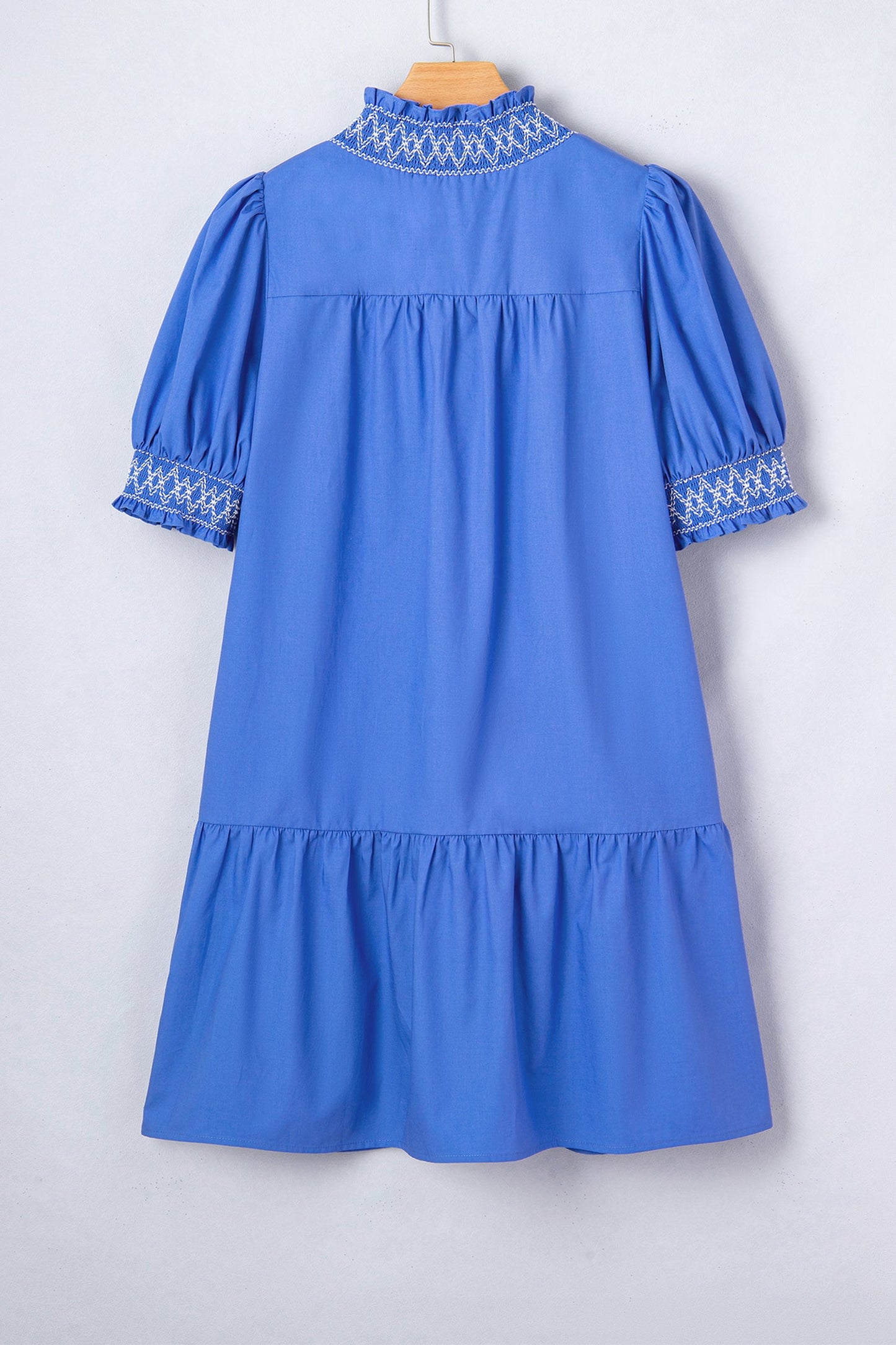 Embroidered Smocked V-Neck Puff Sleeve Mini Dress