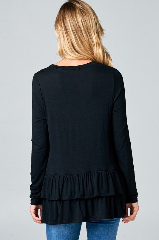 RUFFLE BOTTOM LONG SLEEVE ROUND NECK TUNIC TOP