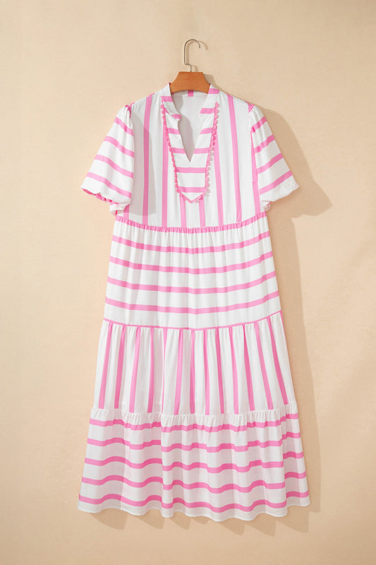 Plus Size Stripe V-Neck Tiered Maxi Dress