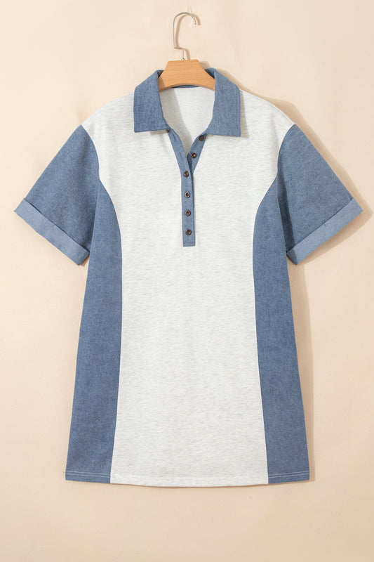 Colorblock Denim Patchwork Polo Collar Tunic Dress