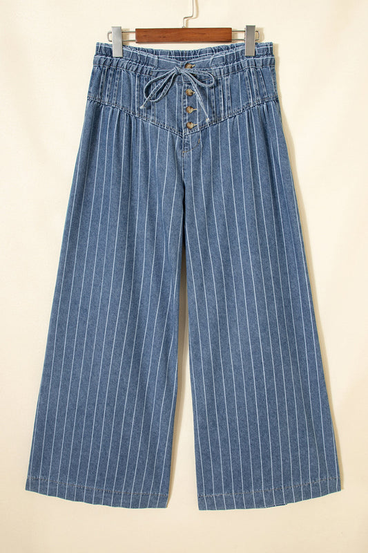Plus Size Stripe Denim Buttoned Wide Leg Pants