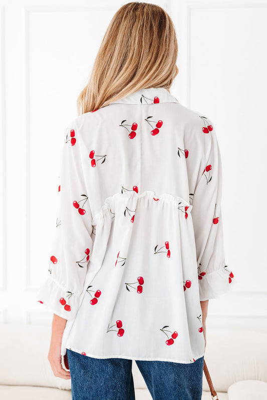 Cherry Frilled Collar 3/4 Sleeve Babydoll Blouse
