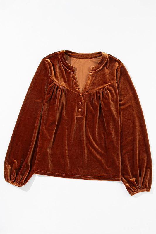 Velvet Lantern Sleeve Beaded V-Neck Blouse