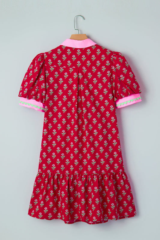 Floral V-Neck Short Bubble Sleeve Mini Dress
