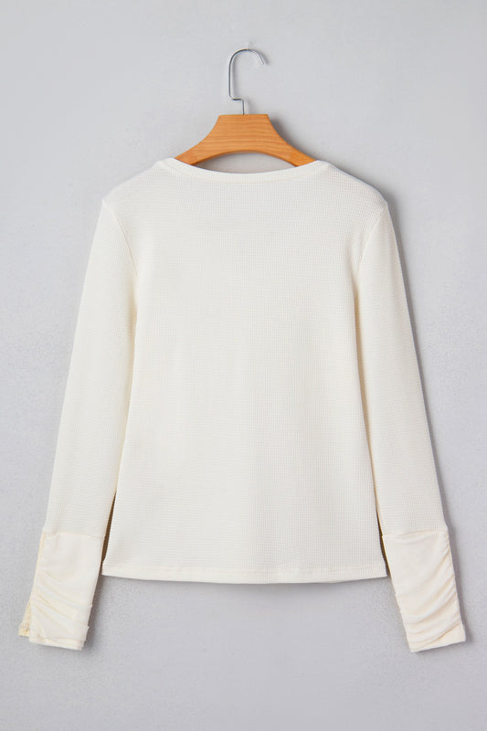 Lace Trim Ruched Long Sleeve V-Neck Thermal Top