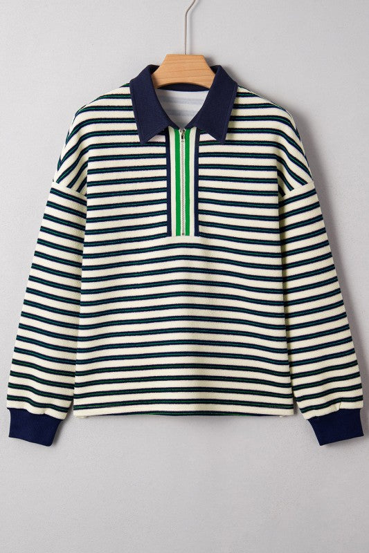 STRIPE CONTRAST TRIM COLLARED ZIP LONG SLEEVE TOP | MODERN EMPORIUM - Modern Emporium Boutique