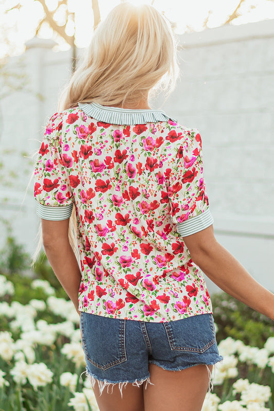 Romy Floral Striped Patchwork Collared Short Sleeve Blouse