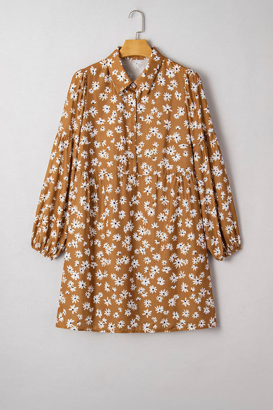 Plus Size Floral Split Neck Button Puff Sleeve Dress
