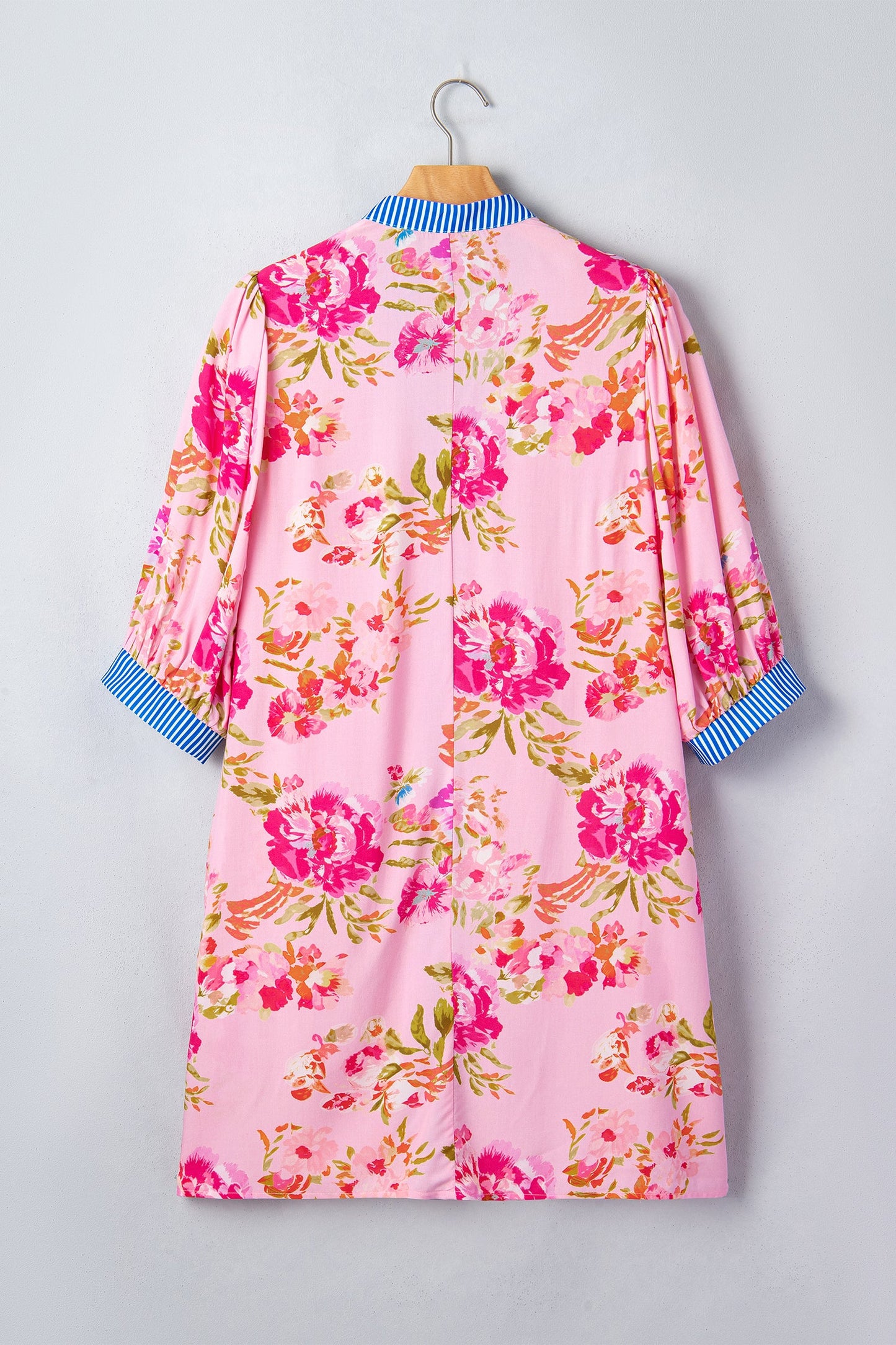 Floral Stripe Patchwork Trim 3/4 Sleeve Mini Dress