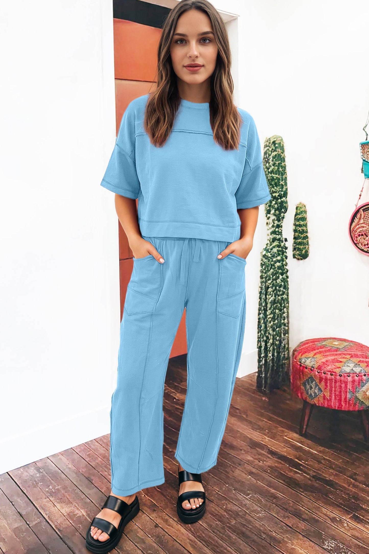 Solid Drop Shoulder Boxy Tee & Barrel Pants Set