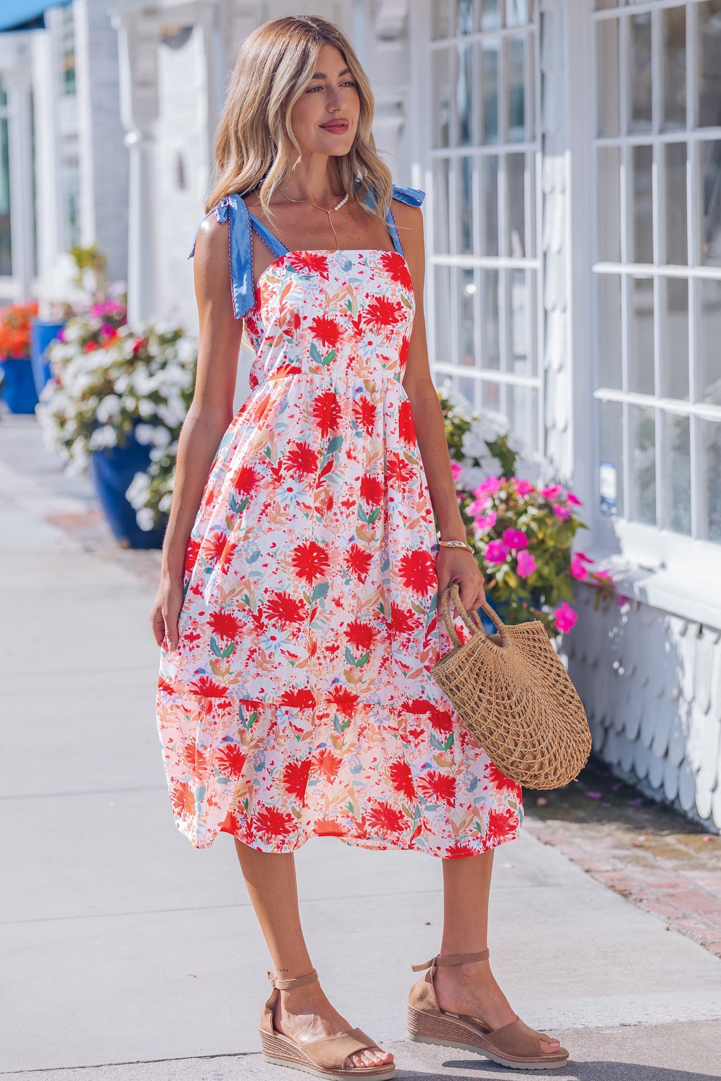Floral Denim Tie Strap High Waist Maxi Dress