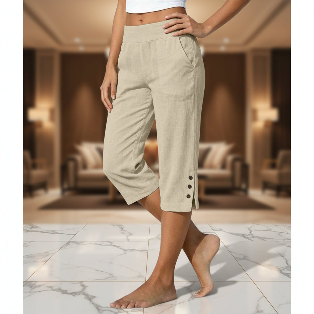 Women's High-Waist Cropped Straight-Leg Pants – Button Detail Slit Front