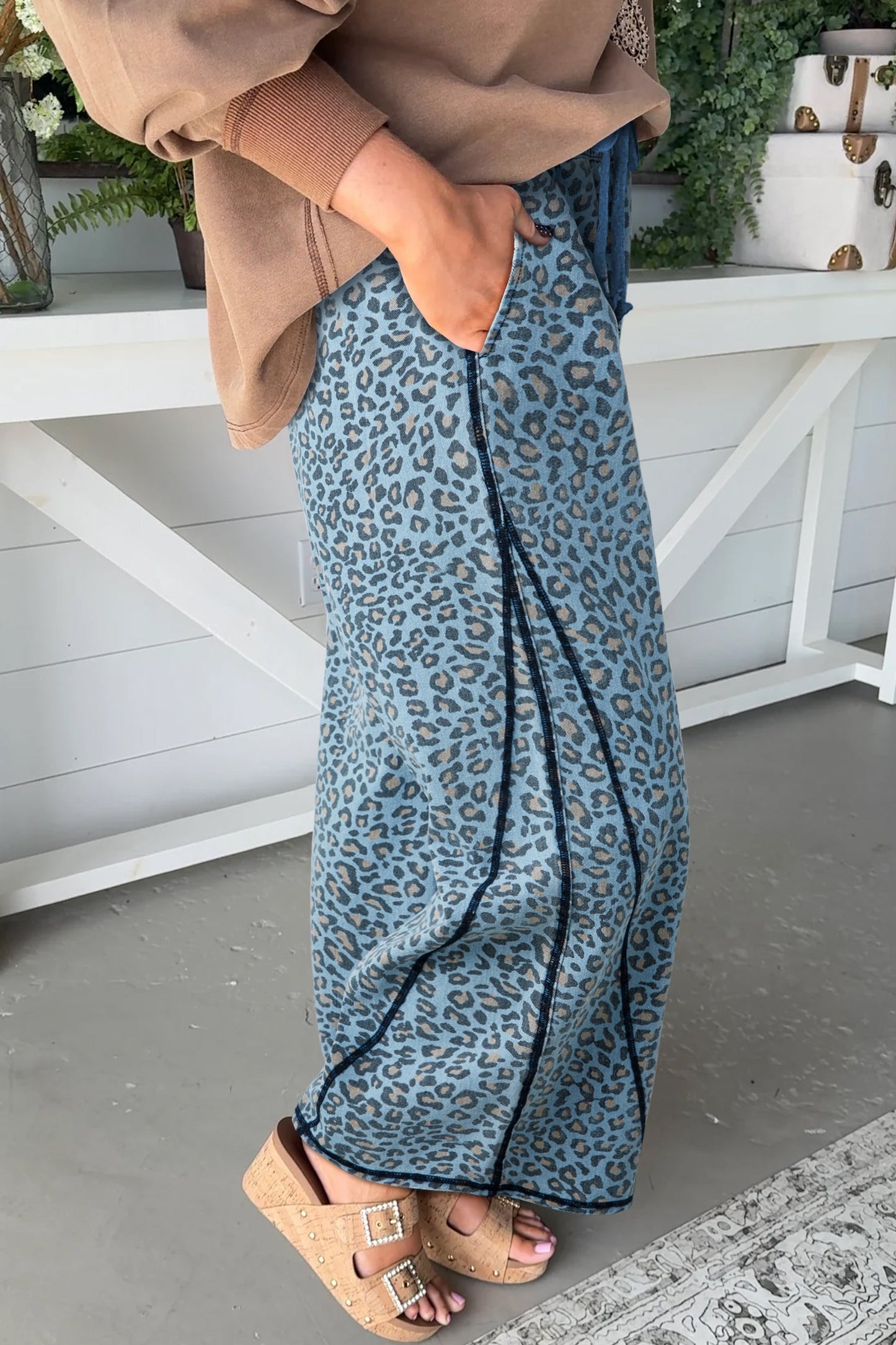 Leopard Exposed Seam Wide Leg Drawstring Jeans