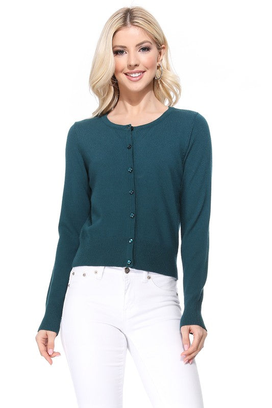 Gem Button Crew Neck Long Sleeve Sweater Cardigan