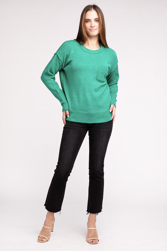 MELANGE HI-LOW HEM ROUND NECK SWEATER