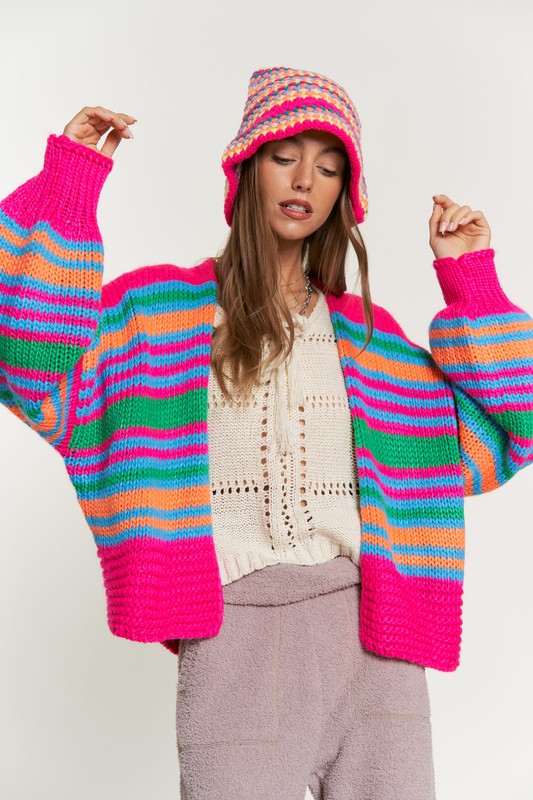 Chunky Knit Multi-Striped Open Sweater Cardigan