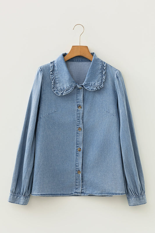 Western Denim Ruffle Peter Pan Collar Shirt