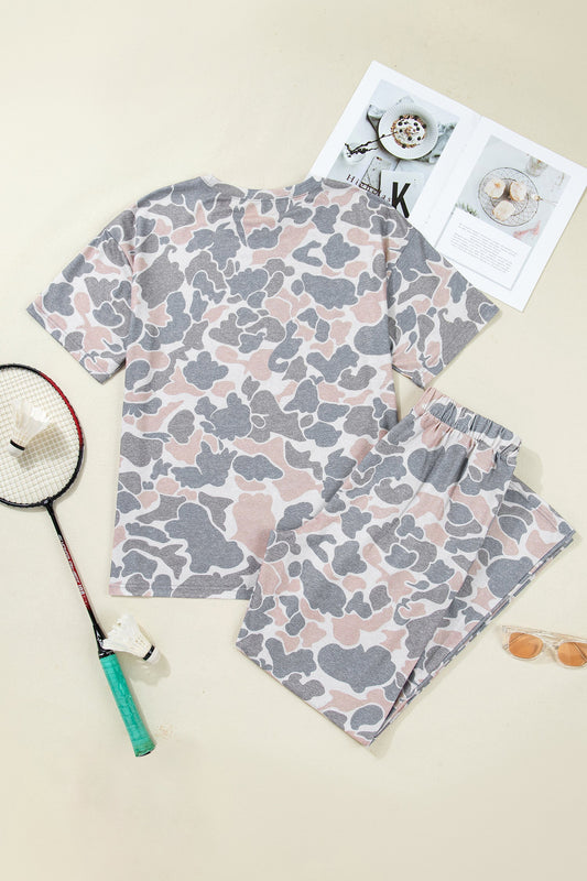 Camo Short Sleeve Top & Wide Leg Pants Set