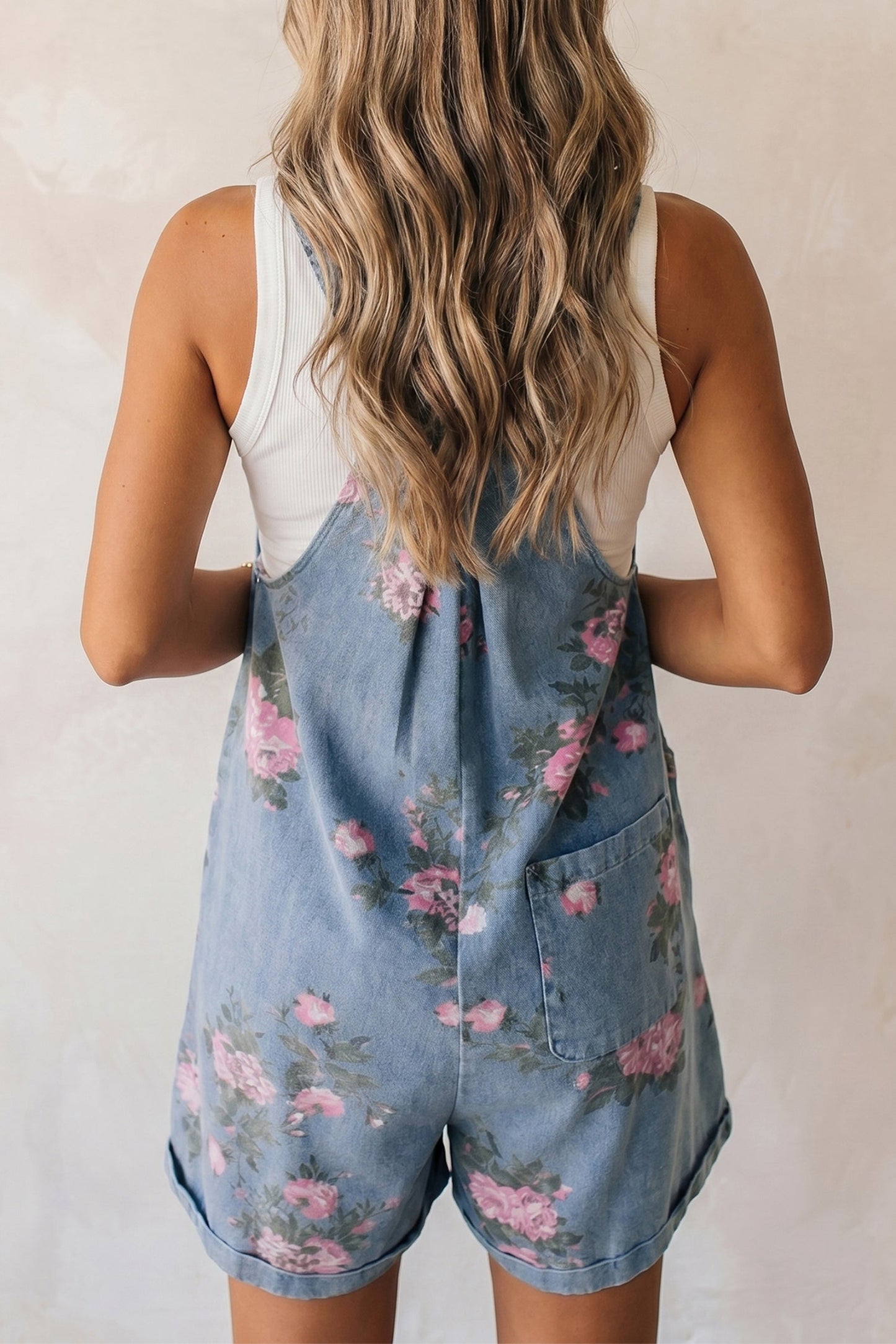 Floral Denim Adjustable Strap Romper