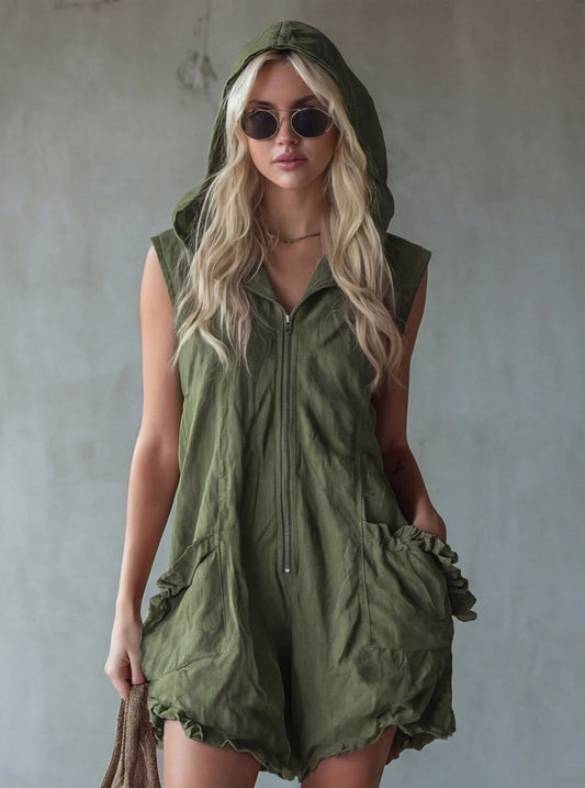 Women's Retro Hooded Zip-Up Sleeveless Cropped Jumpsuit