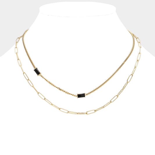 Emerald Cut Stone Cluster Pointed Stainless Steel Paperclip Chain Layered Necklace