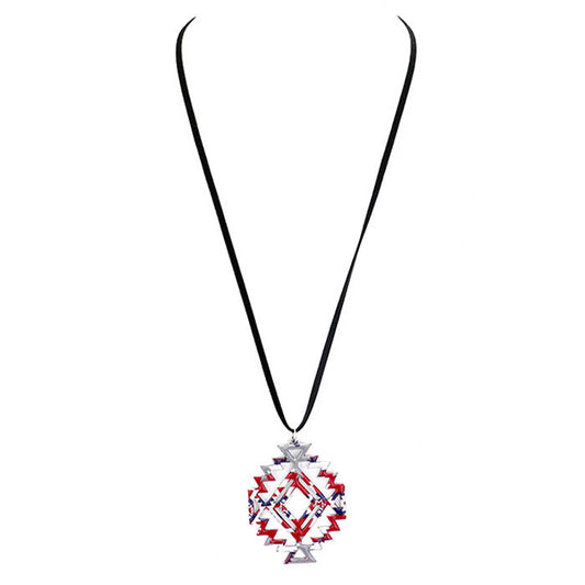 Enamel Aztec Pattern Pendant Leather Long Necklace Earrings
