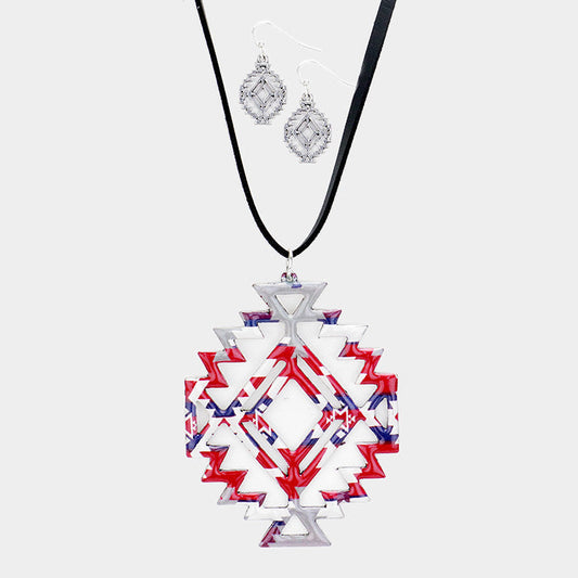 Enamel Aztec Pattern Pendant Leather Long Necklace