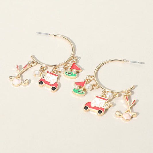 Enamel Golf Pearl Charm Dangle Hoop Earrings
