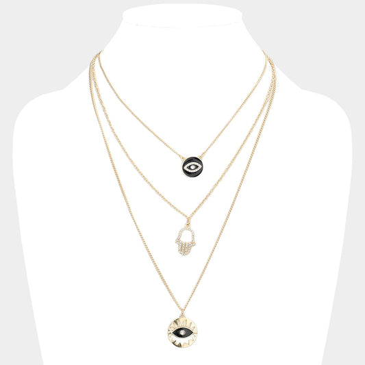 Enamel Rhinestone Embellished Evil Eye Hamsa Hand Pendant Triple Layered Necklace