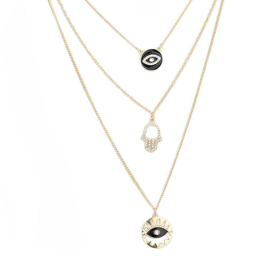 Enamel Rhinestone Evil Eye Hamsa Charm Triple Layer Necklace