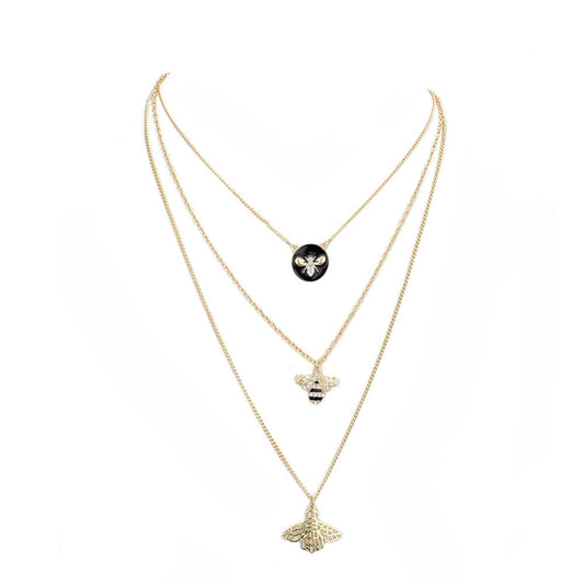 Enamel Rhinestone Honey Bee Pendant Triple Layered Necklace