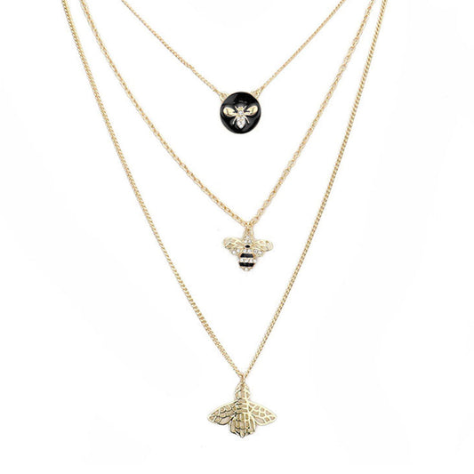 Enamel Rhinestone Honey Bee Pendant Triple Layered Necklace
