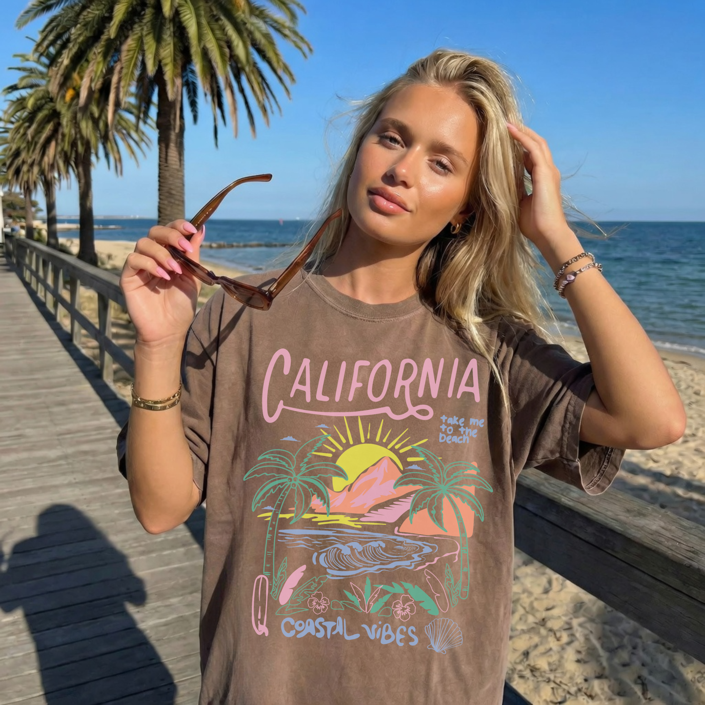 California Coastal Vibes Graphic Tee – Beach Sunset Shirt