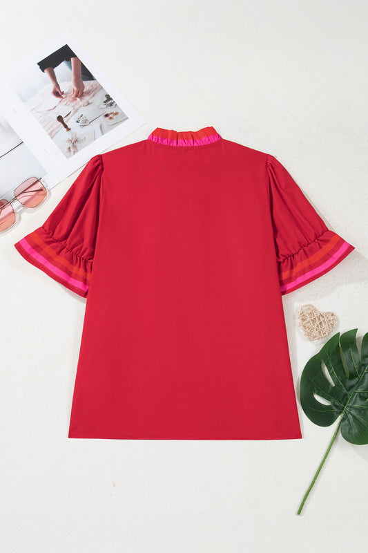 Stripe Frilled V-Neck Ruffle Short Sleeve Blouse