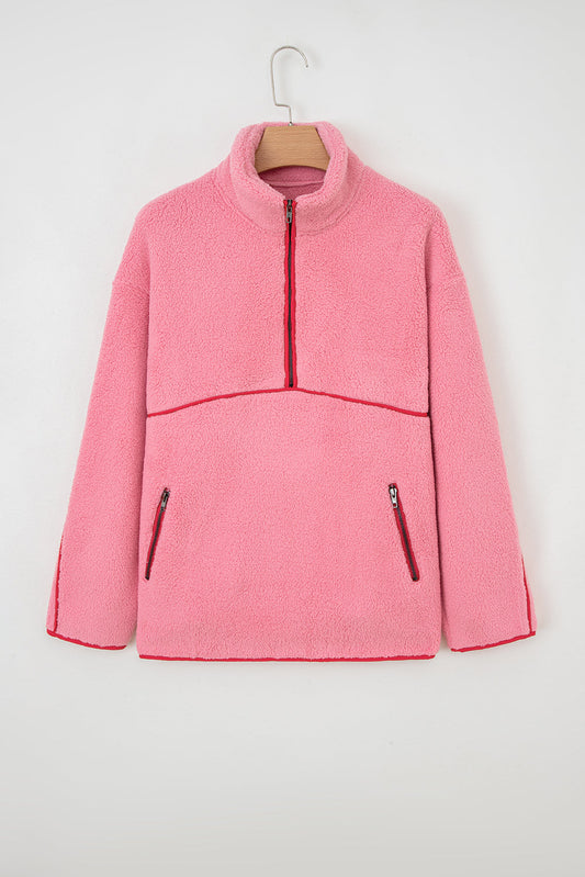 Sherpa Faux Leather Trim Half-Zip Pocketed Sweatshirt