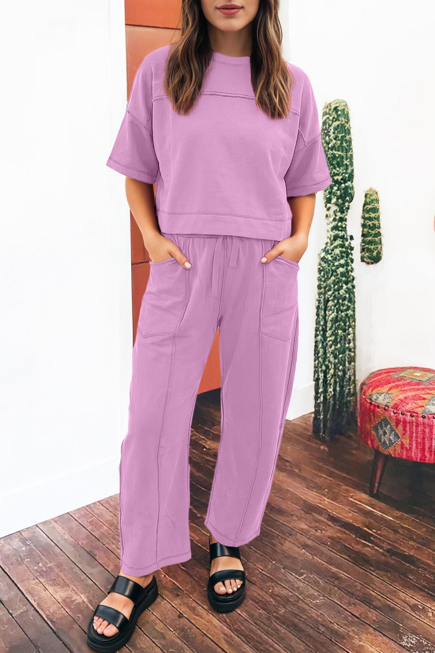 Solid Drop Shoulder Boxy Tee & Barrel Pants Set