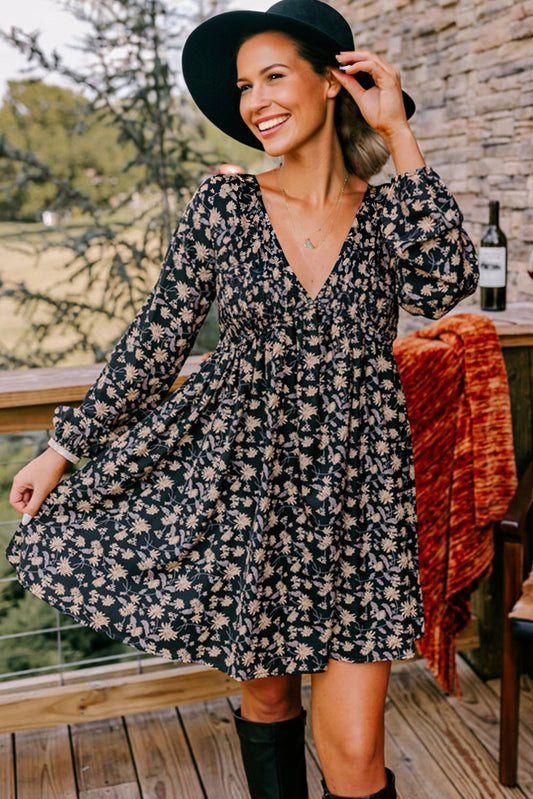 Floral Smocked V-Neck Bubble Sleeve Babydoll Dress