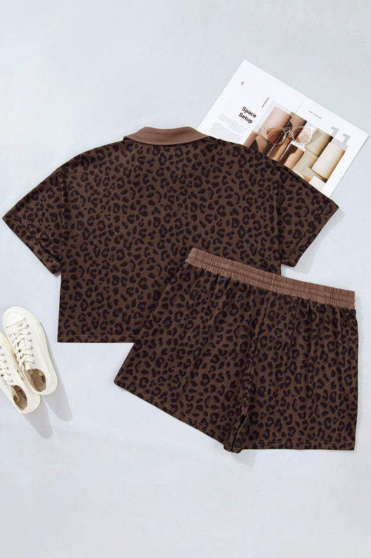 Plus Size Leopard Collared Top & Drawstring Shorts Set