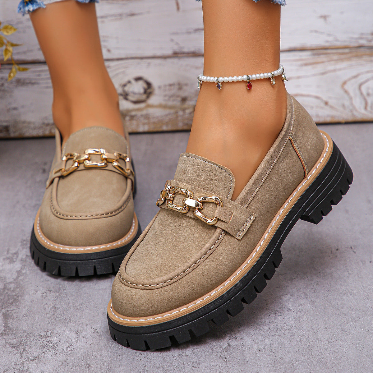 Women's British-Style Chunky Block Heel Low-Top Shoes