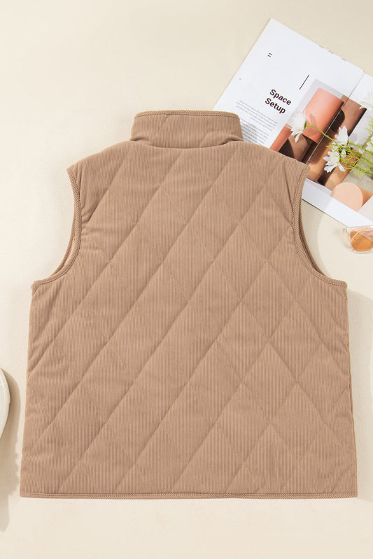 Plus Size Quilted Corduroy Snap Button Vest Jacket