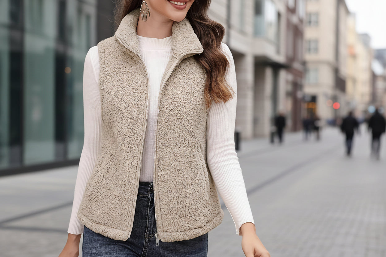 Women's Plush Stand-Up Collar Zip Vest – Sleeveless with Pockets