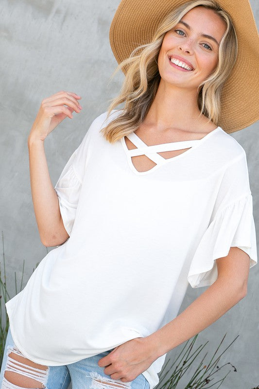 PLUS SOLID LACE UP SHORT SLEEVE TOP